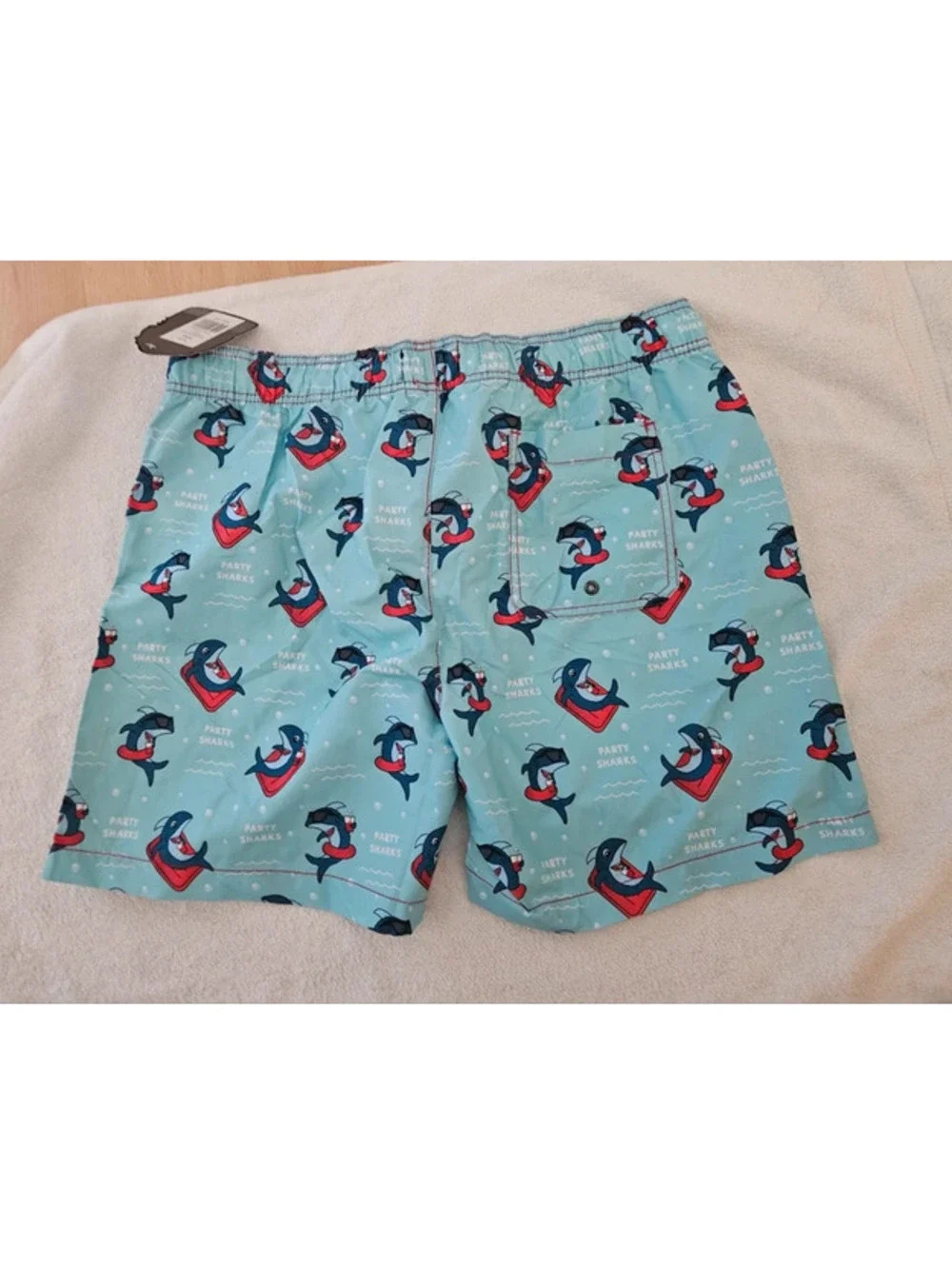 Party Sharks Men’s Swim Trunks XXL Turquoise Shark Print 6.5